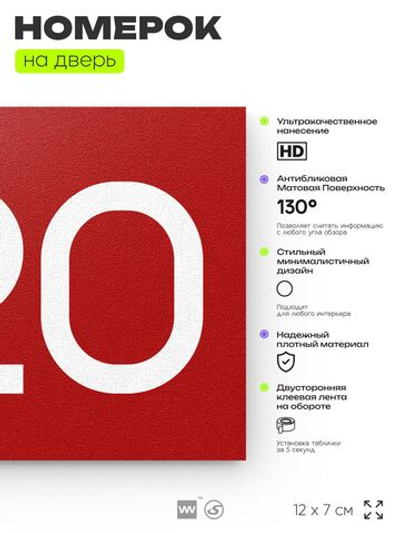 Номер на дверь 920, табличка на дверь для офиса, квартиры, кабинета, аудитории, склада, красная 120х70 мм, Айдентика Технолоджи