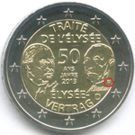 2 евро 2013 год (F). Германия. 50 лет подписания Елисейского договора. Биметалл UNC