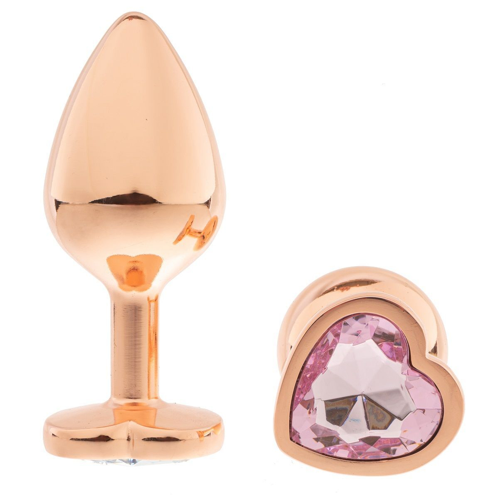 Золотистая анальная пробка OYO с нежно-розовым кристаллом-сердцем - 7,3 см. (Цвет: нежно-розовый)