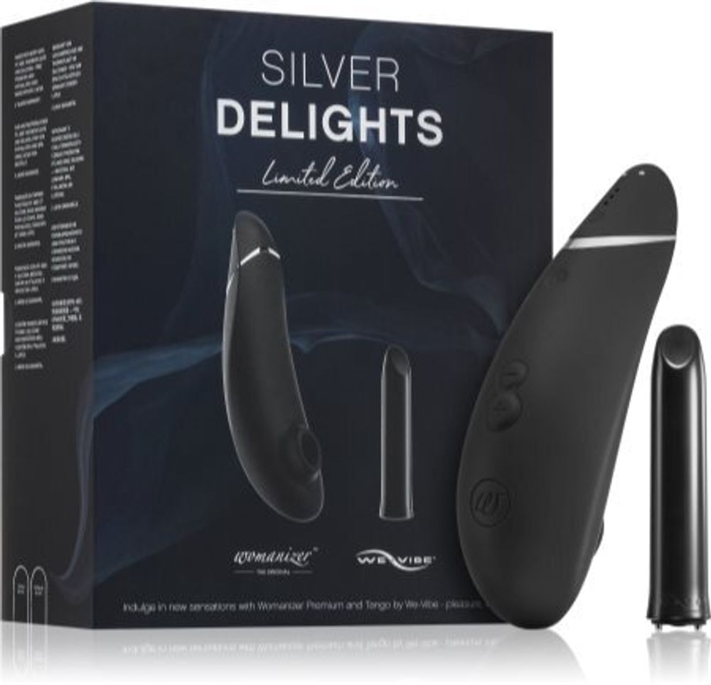Womanizer Черно-золотой стимулятор клитора Womanizer Premium + вибратор We-Vibe Tango Silver Delights Collection