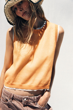 ZARA ДВУХСЛОЙНЫЙ ТРИКОТАЖНЫЙ ТОП ИЗ СМЕСОВОГО ЛЬНА, ОРАНЖЕВЫЙ