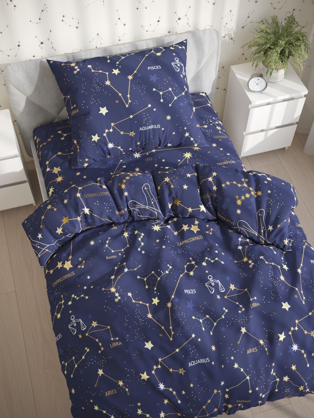 Постельное белье Сказка "Созвездия" 1,5-сп Наволочка 70х70 см 1 шт Простынь на резинке 90х200 см Пододеяльник 145х215 см, поплин
