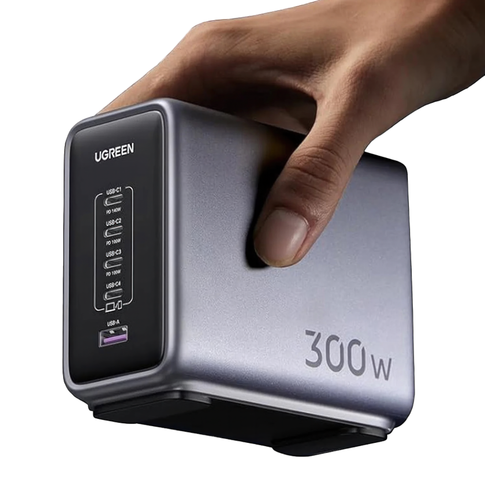 Сетевое зарядное устройство Ugreen Nexode мощностью 300 Вт (4 USB-C, USB-A) (GaN) и кабель USB-C с оплёткой (1,5 м) (CD333) Настольный многопортовый мощный адаптер питания и кабель USB-C с нейлоновой оплёткой. Есть поддержка PD 3.1 и QC 3.0. Поддерживаема