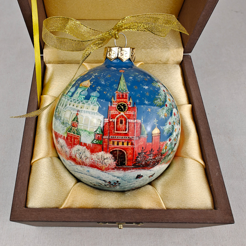 Шар новогодний с круговой росписью Палех "Кремлевская елка" -2 в футляре