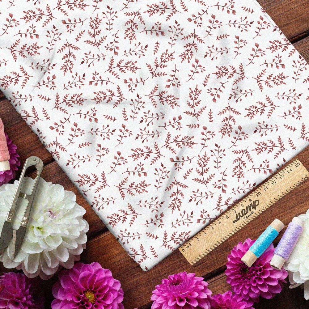 Ткань лён осенний гербарий на белом фоне