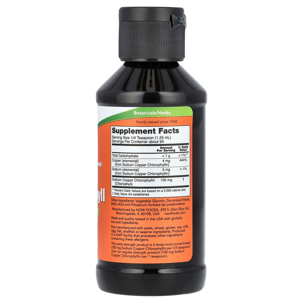 NOW Foods, жидкий хлорофилл, с повышенной силой действия, без добавок, 118 мл (4 жидк. унции)