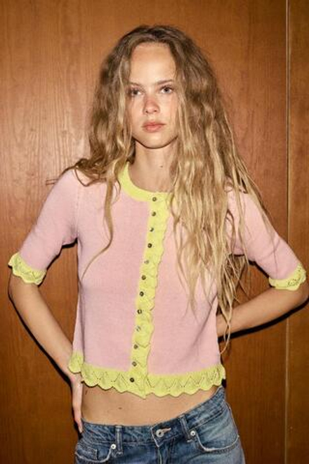 ZARA КАРДИГАН ИЗ ТРИКОТАЖА POINTELLE С КОНТРАСТНЫМИ ДЕТАЛЯМИ, РОЗОВЫЙ
