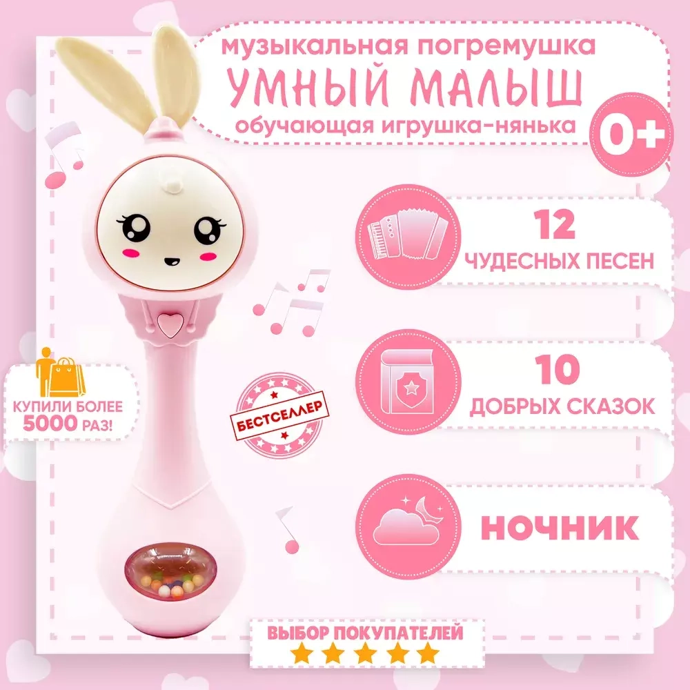 "Умный Заяц" умный обучающий интерактивный, розовый