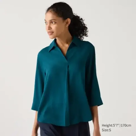 UNIQLO БЛУЗКА СО ШКИПЕРСКИМ ВОРОТНИКОМ ИЗ ВИСКОЗЫ (РУКАВ 3/4), ЗЕЛЕНЫЙ