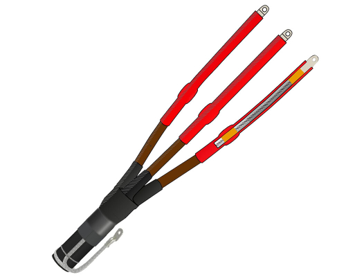 Муфта термоусаживаемая концевая внутренней установки для трехжильного кабеля с пластмассовой изоляцией из сшитого полиэтилена с ЛЕНТОЧНЫМ экраном, БЕЗ БРОНИ, на напряжение до 10 кВ включительно 3ПКВТпН-10-150...240-КлЭ (с наконечниками)