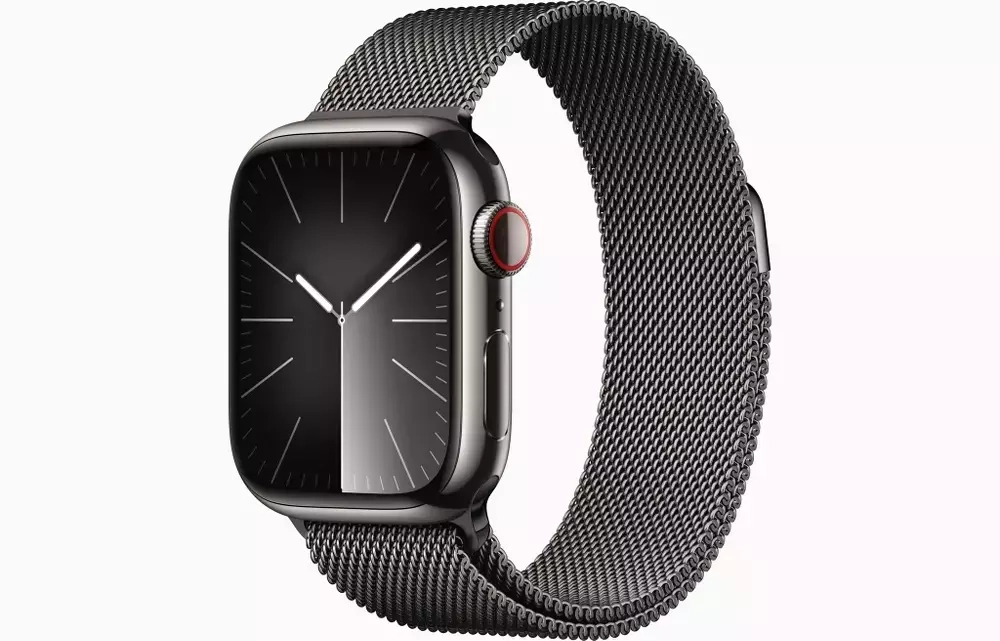 Apple Watch Series 9, 45 мм, из стали цвета «графит», миланский сетчатый браслет