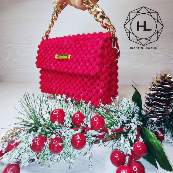 Məxmər muncuqlardan qırmızı Klaç çanta