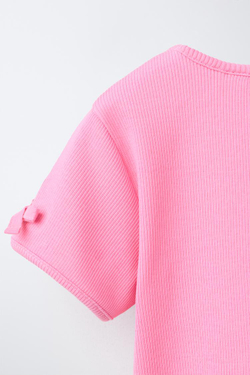 ZARA ФУТБОЛКА В РУБЧИК С БАНТАМИ, РОЗОВЫЙ