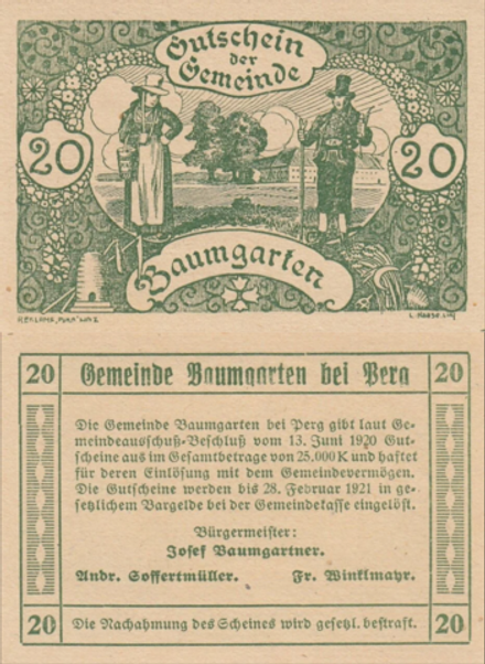 Австрия 20 геллеров 1920 Баумгартен aUNC