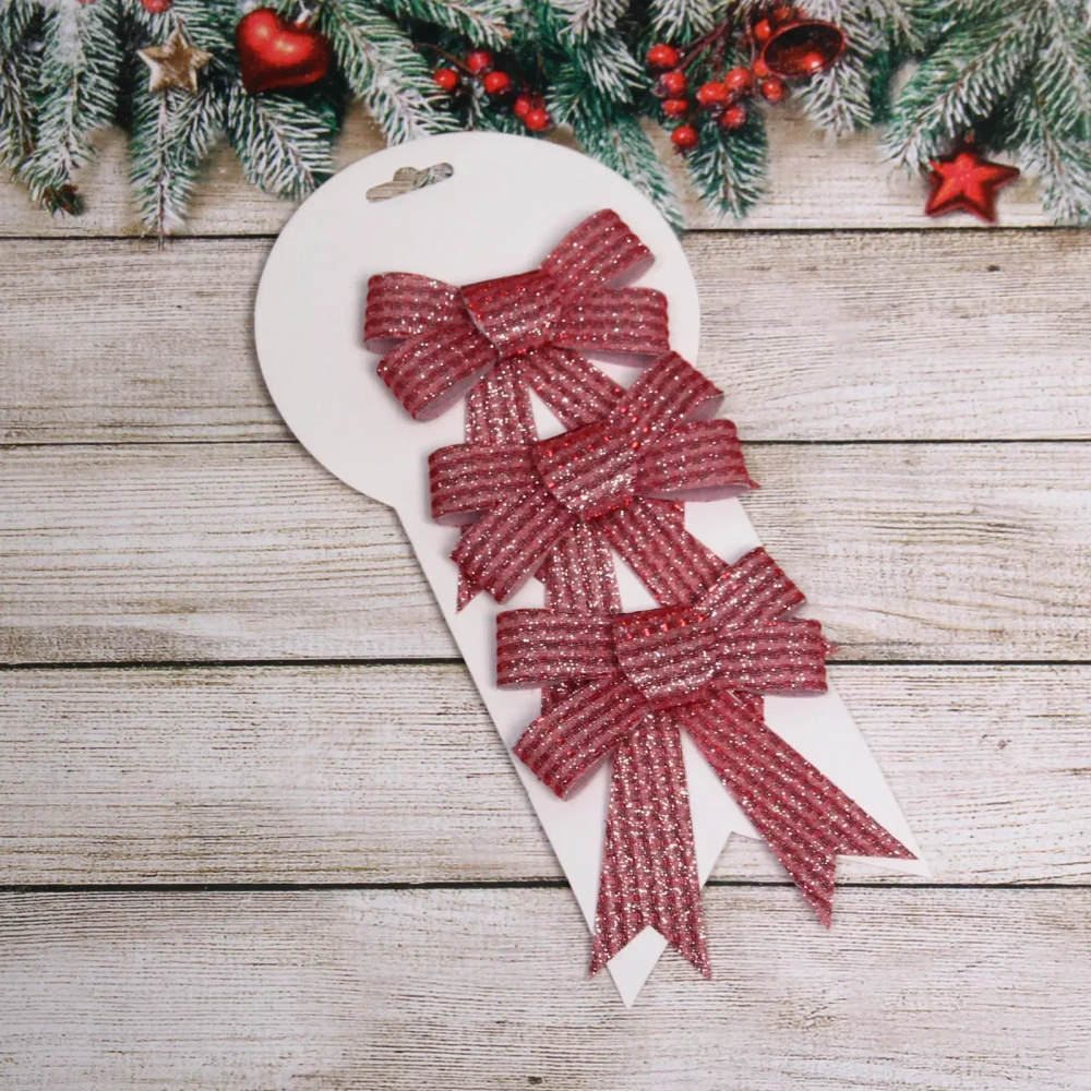 Бант на ёлку «Блестящие полосы» 9*12 см (набор 3 шт), Красный