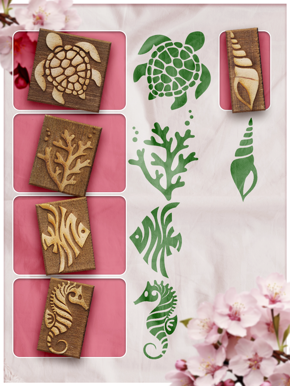 Комбо деревянные штампы 026, 027, 028, 029, 030 + травяная по ткани 20 мл