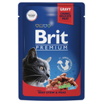 Влажный корм пауч для взрослых кошек Брит BRIT PREMIUM говядина и горошек в соусе, 85г 14шт