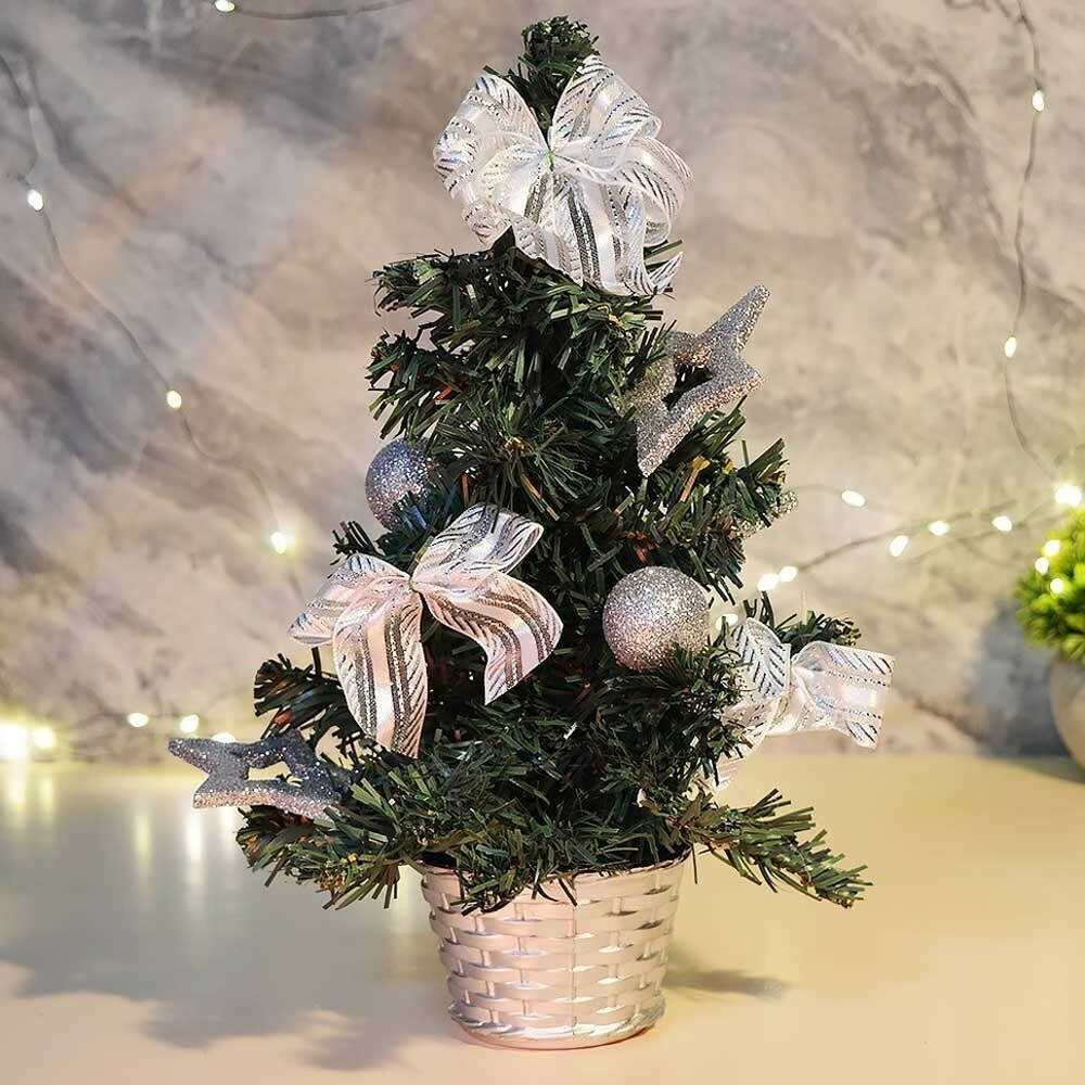 Елка настольная 30см в серебристой корзинке, с украшениями, МВ-19В1203М