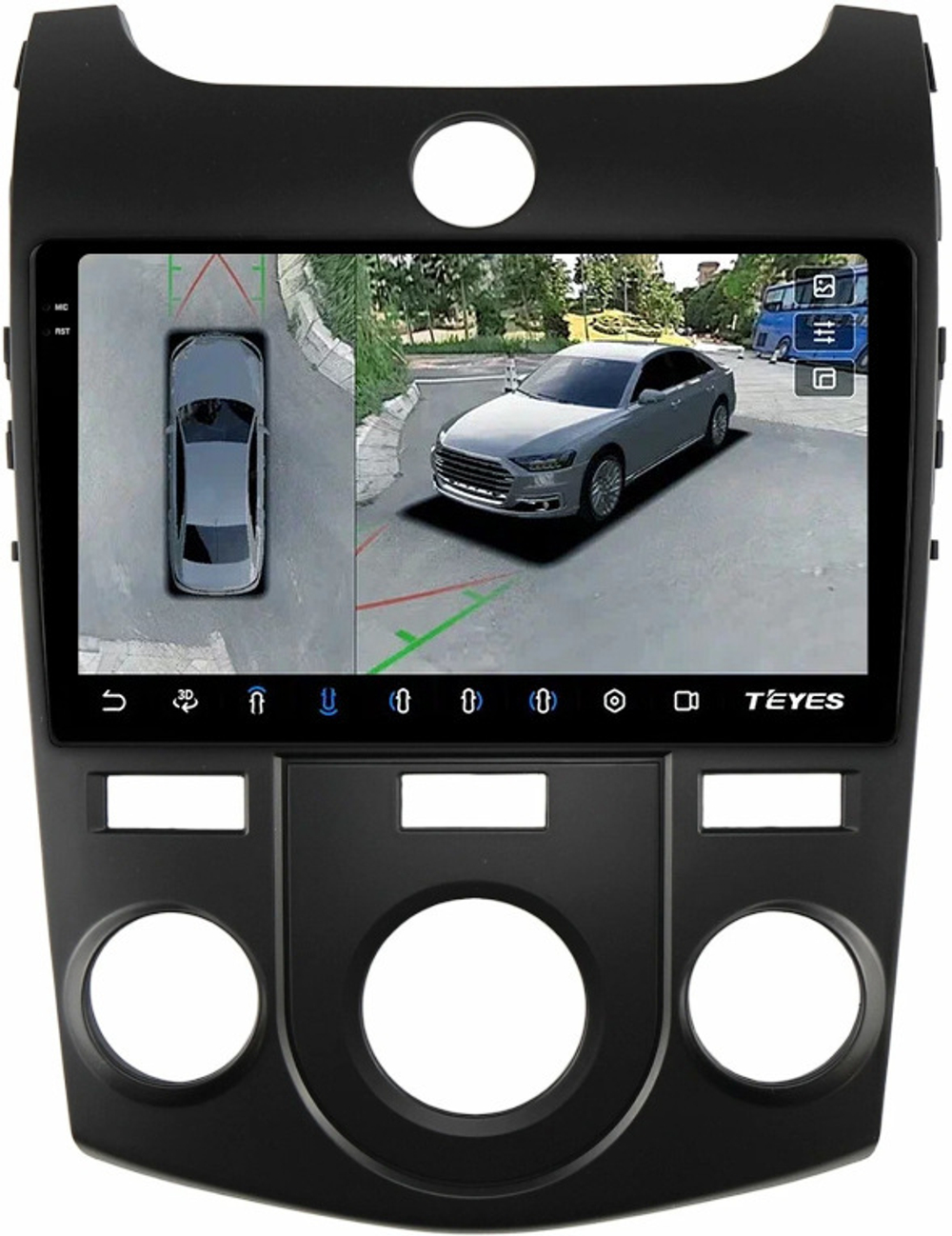 Магнитола для KIA Cerato 2 2008-2013 (кондиционер, рамка черная) - Teyes CC3-2K-360 на Android 10, 2K QLED, 6Гб+128Гб, CarPlay, 4G SIM-слот, 4 камеры в комплекте