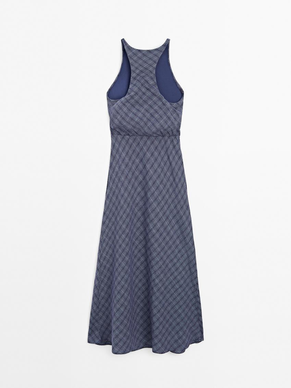 Massimo Dutti Длинное платье в клетку с декоративной отделкой сзади, чернильно-синий