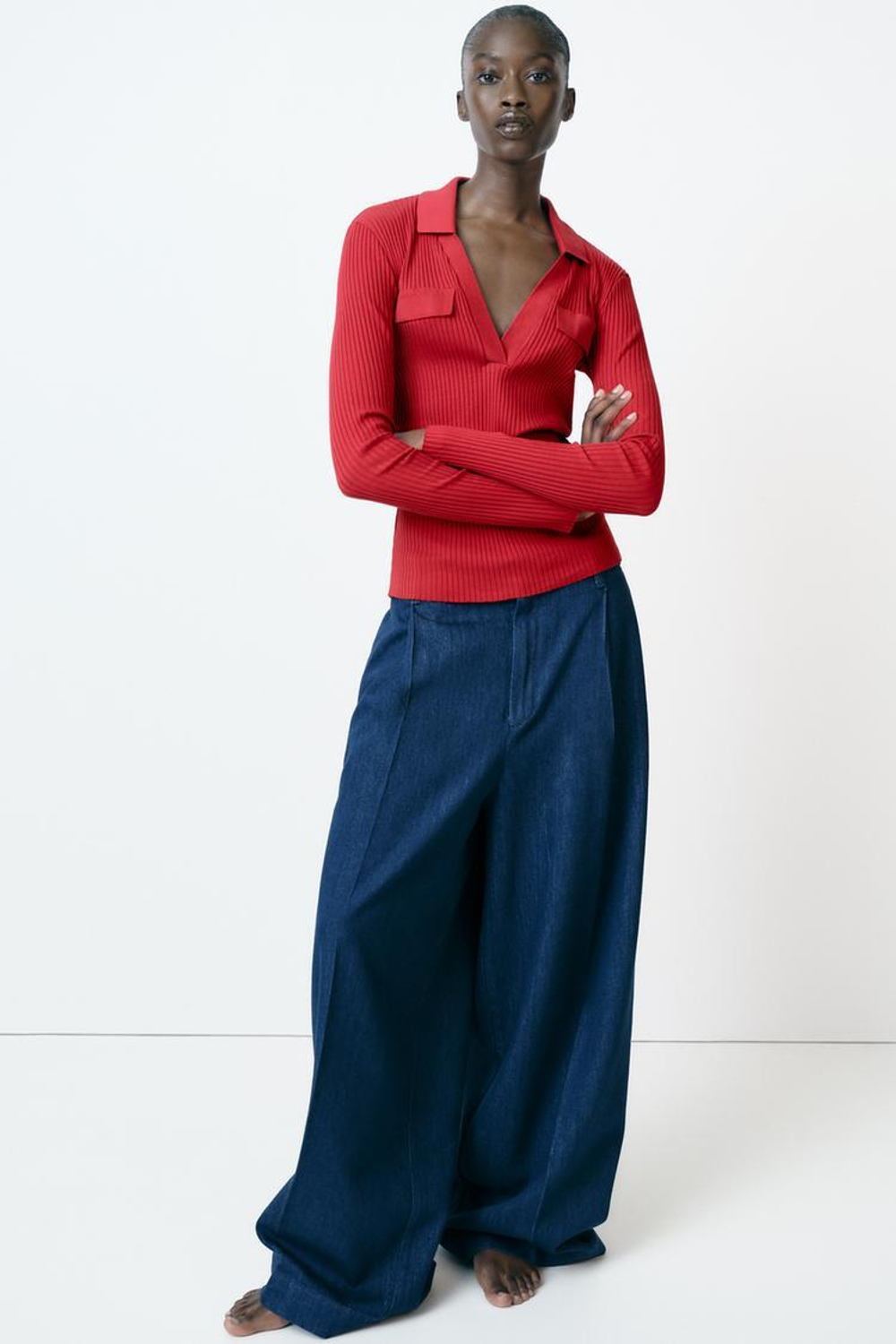 ZARA ФУТБОЛКА В РУБЧИК С ВОРОТНИКОМ ПОЛО, НАСЫЩЕННЫЙ КРАСНЫЙ