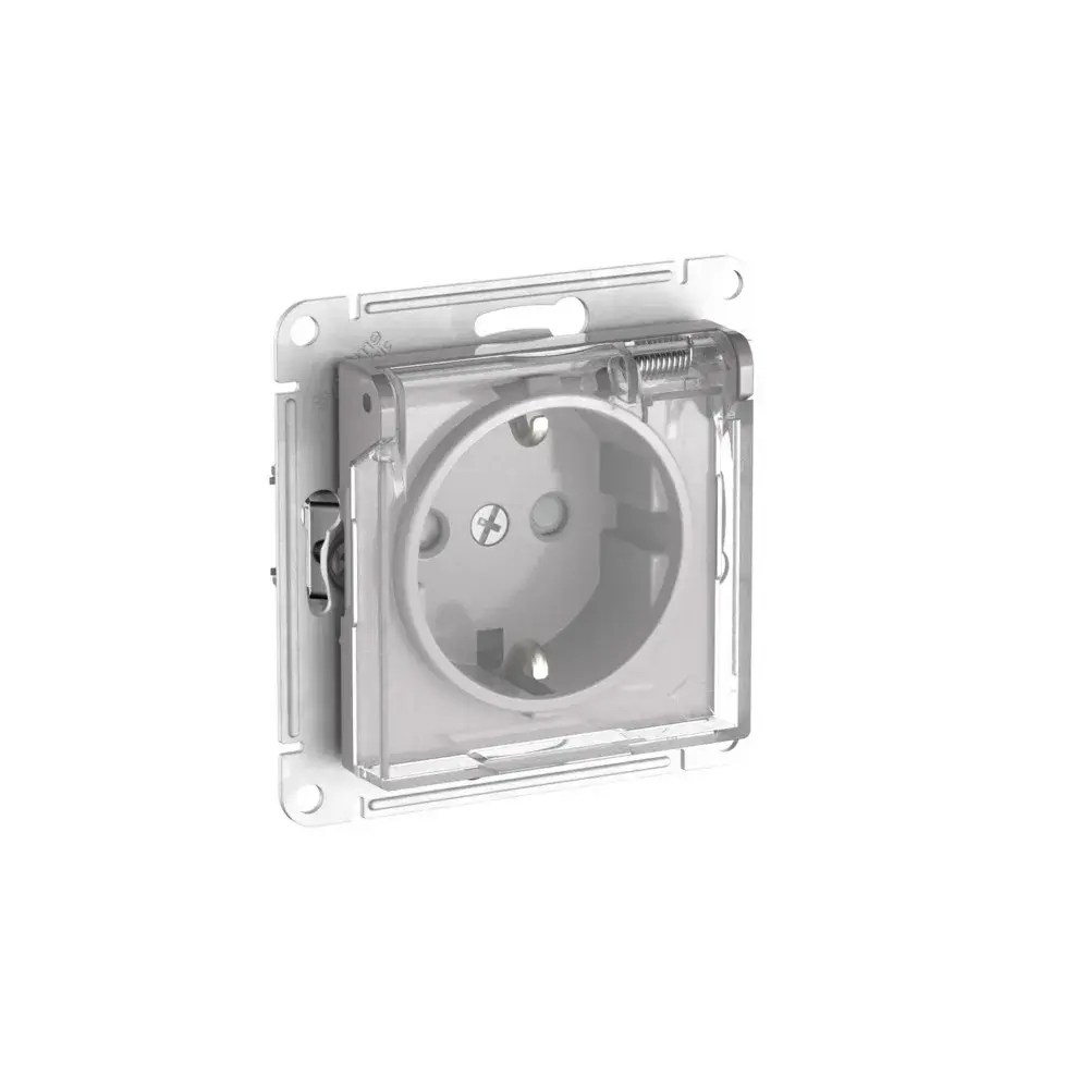 ATLASDESIGN AQUA РОЗЕТКА с зазем. со шт. с прозрач. крыш,16А,IP44, мех., быстрозажим. клем.,АЛЮМИНИЙ