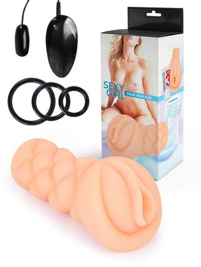 Телесный мастурбатор-вагина с вибропулей и эрекционными кольцами в комплекте (Цвет: телесный)