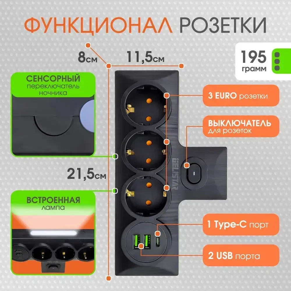 Разветвитель сетевой с тремя гнездами ЕВРО, тройник, адаптер черный /2 USB порта/Type-C порт