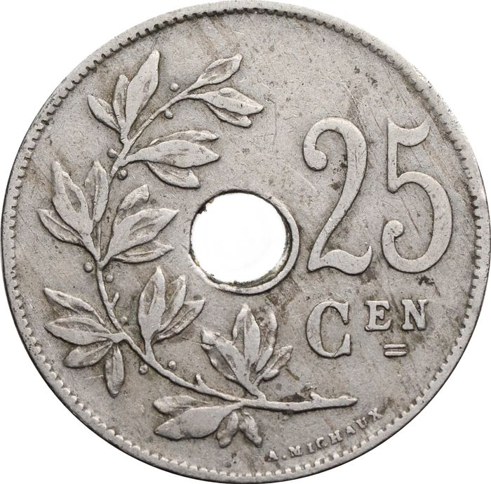 25 сантимов 1910-1929 Бельгия (надпись на голландском KONINKRIJK BELGIË)