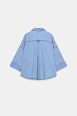 ZARA ДЖИНСОВАЯ РУБАШКА Z1975 С ШИРОКИМИ РУКАВАМИ, ВЫЦВЕТШИЙ СИНИЙ