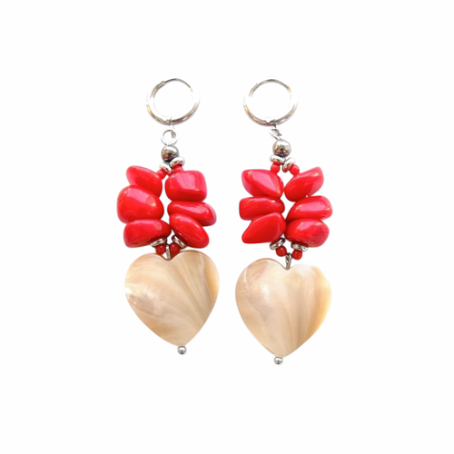 Серьги сердечки из перламутра с кораллом