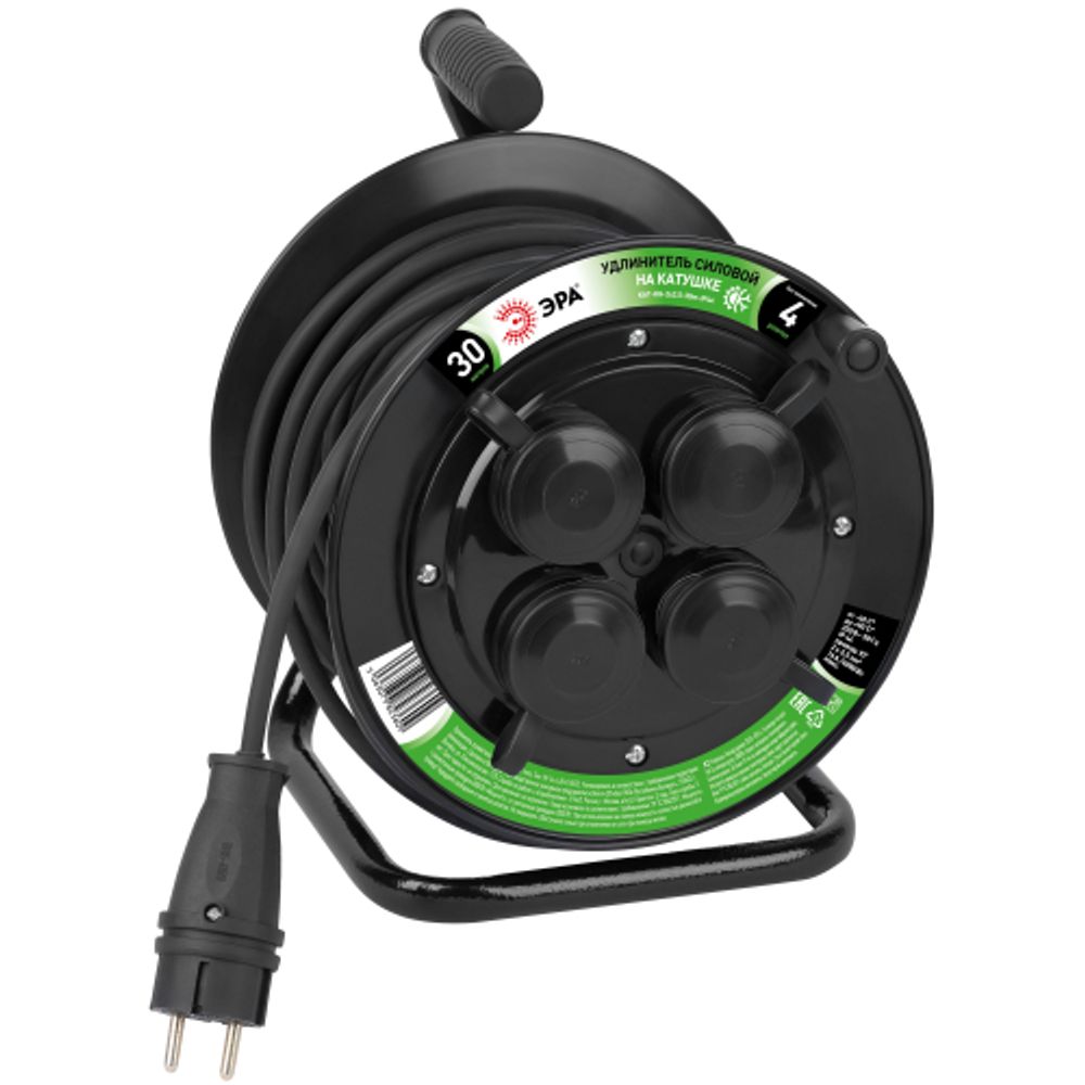 Удлинитель силовой ЭРА GREEN LINE KAT-KG-2x2.5-30m-IP44 на катушке пластик c крышками 4 розетки 30м КГ 2x2.5мм2 IP44