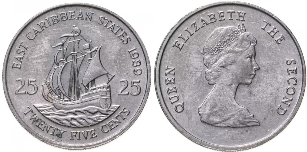 Восточные Карибы 25 центов, 1981-2000 Королева Елизавета II XF