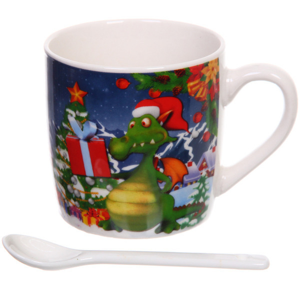 Кружка керамическая 200мл в наборе 2шт с ложками «Дракончик с подарком»