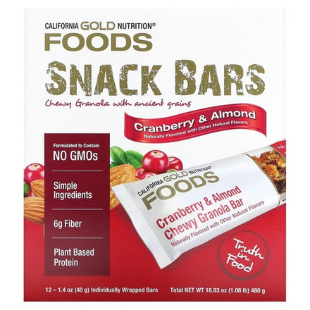 California Gold Nutrition, Foods, жевательные батончики из гранолы с клюквой и миндалем, 12 шт. по 40 г (1,4 унции)