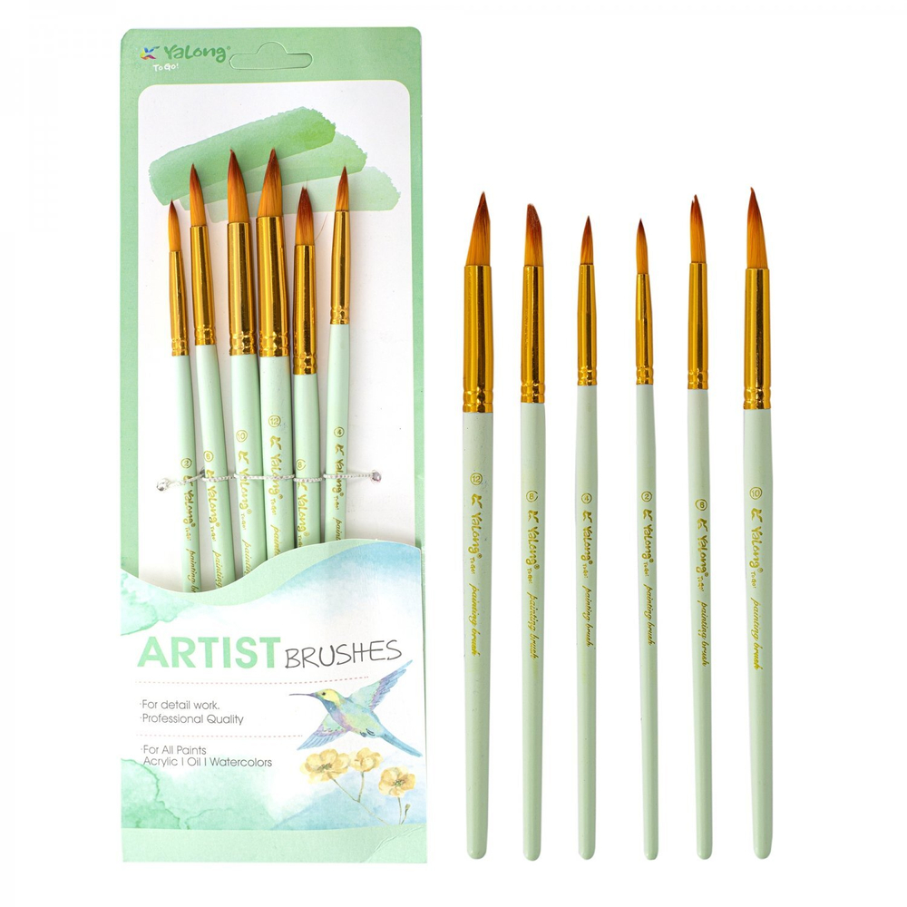 Набор кистей Yalong, 6 шт, нейлон, круглые №2, №4, №6, №8, №10, №12, деревянная ручка, блистер, европодвес, ассорти