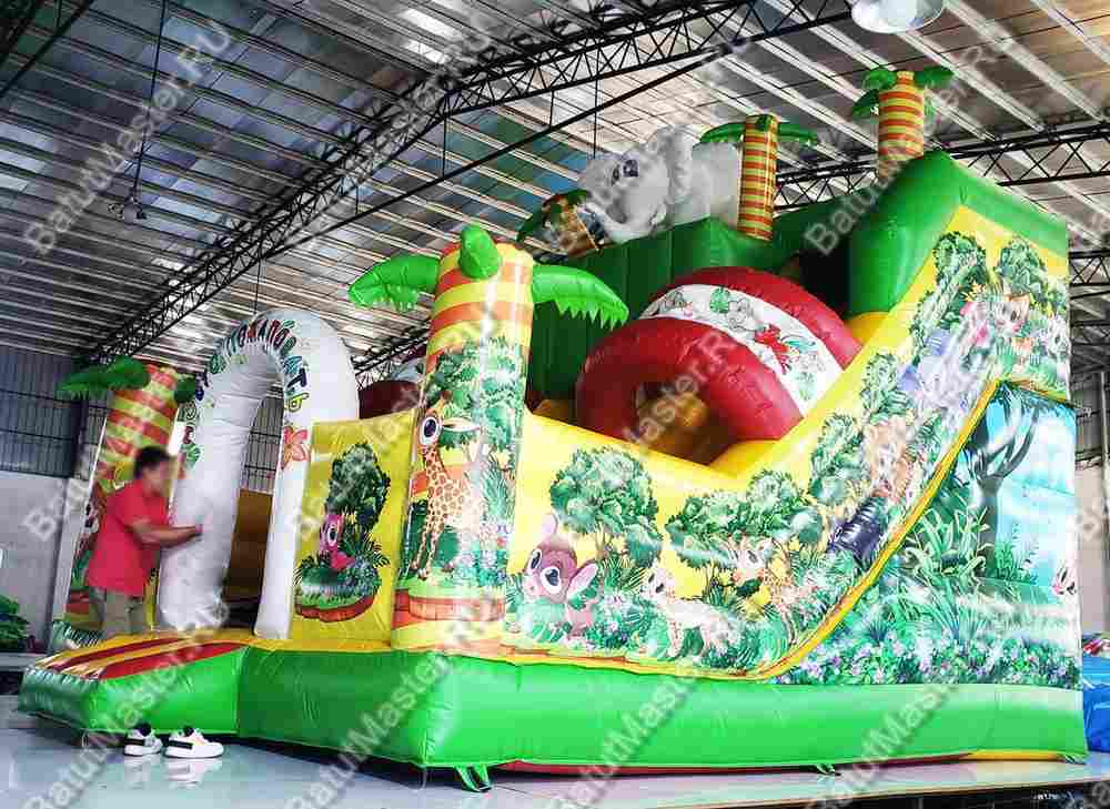 Надувной батут-горка "Слоник в джунглях с двумя горками с прямым скатом", 6*5*5.5 м