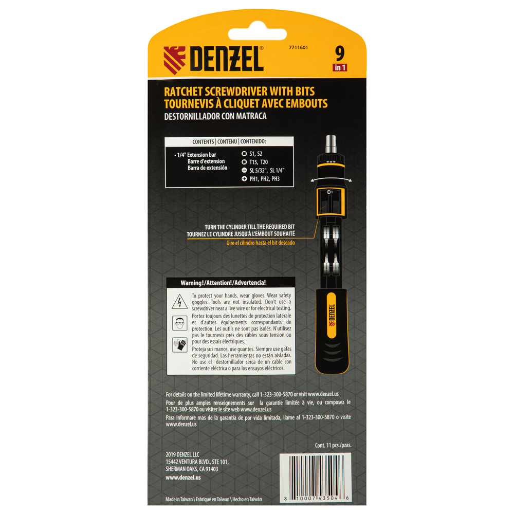 Отвертка реверсивная с револьверным механизмом, 11 шт, сталь S2  Denzel