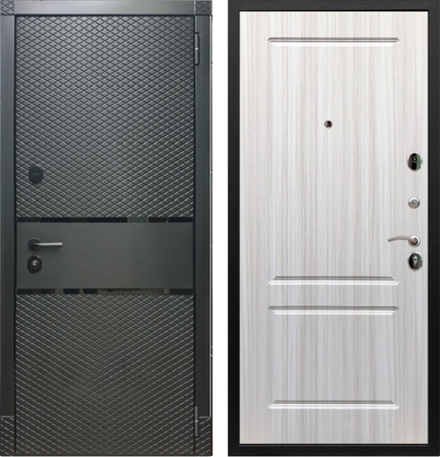 Входная металлическая дверь RеX (РЕКС) 15 Чешуя кварц черный, фурнитура хром/ ФЛ-117 Сандал белый 16мм