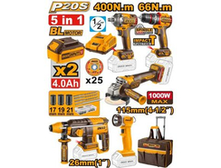 Набор Б/Щ "20V MAX" INGCO 5 в 1 СУМКА на КОЛЕСАХ (Шур 66Нм+Гайк 400Нм+УШМ115/125мм+Перф 26мм+Фонарь)