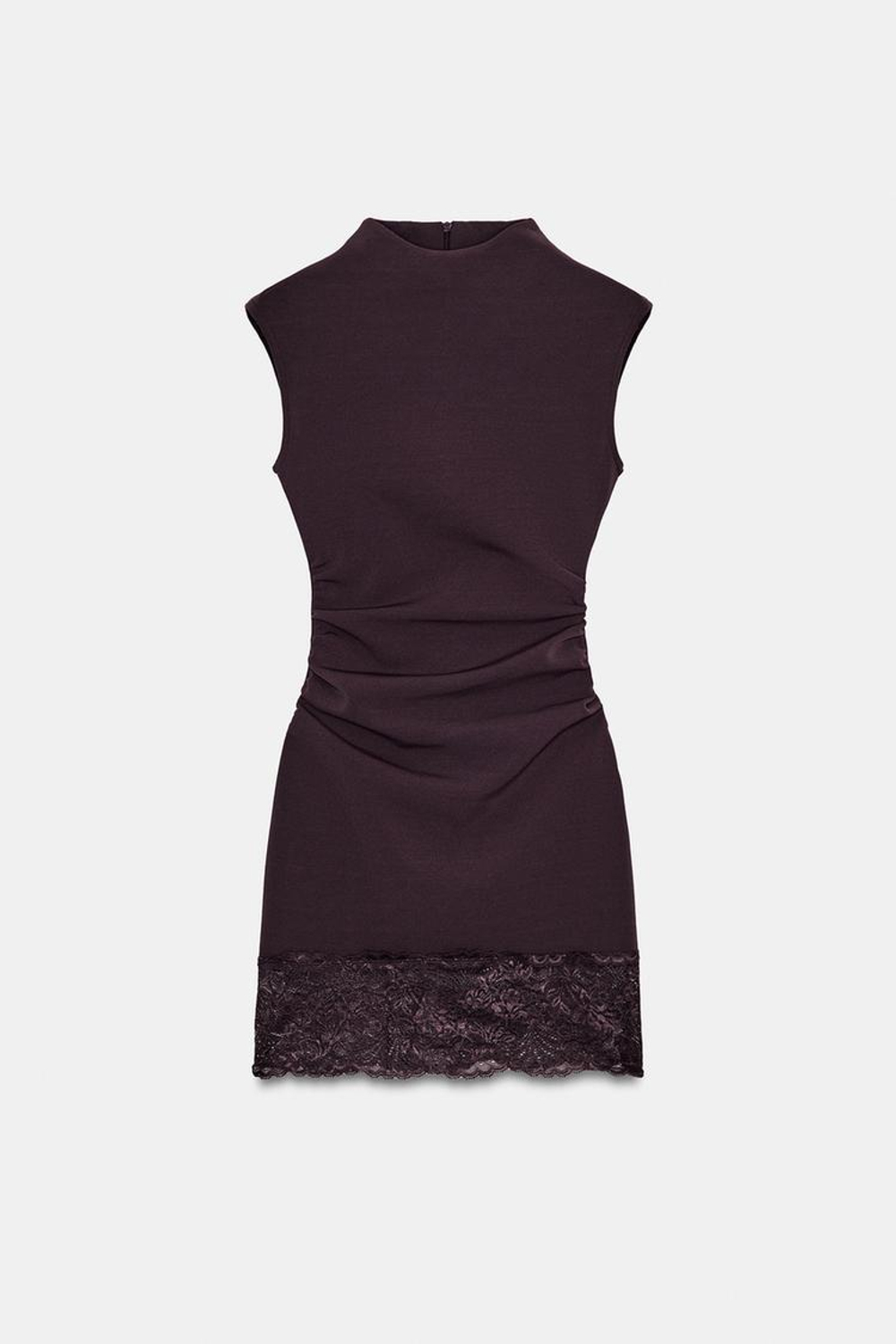 ZARA КОРОТКОЕ ПЛАТЬЕ ИЗ ЭЛАСТИЧНОЙ ТКАНИ С КРУЖЕВОМ, ТЕМНО-КОРИЧНЕВЫЙ