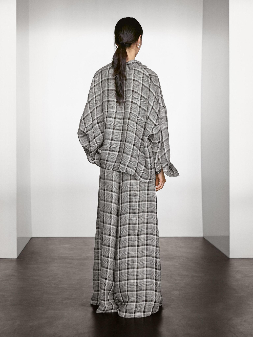 Massimo Dutti Брюки-палаццо 100% льняные в клетку, бежевый