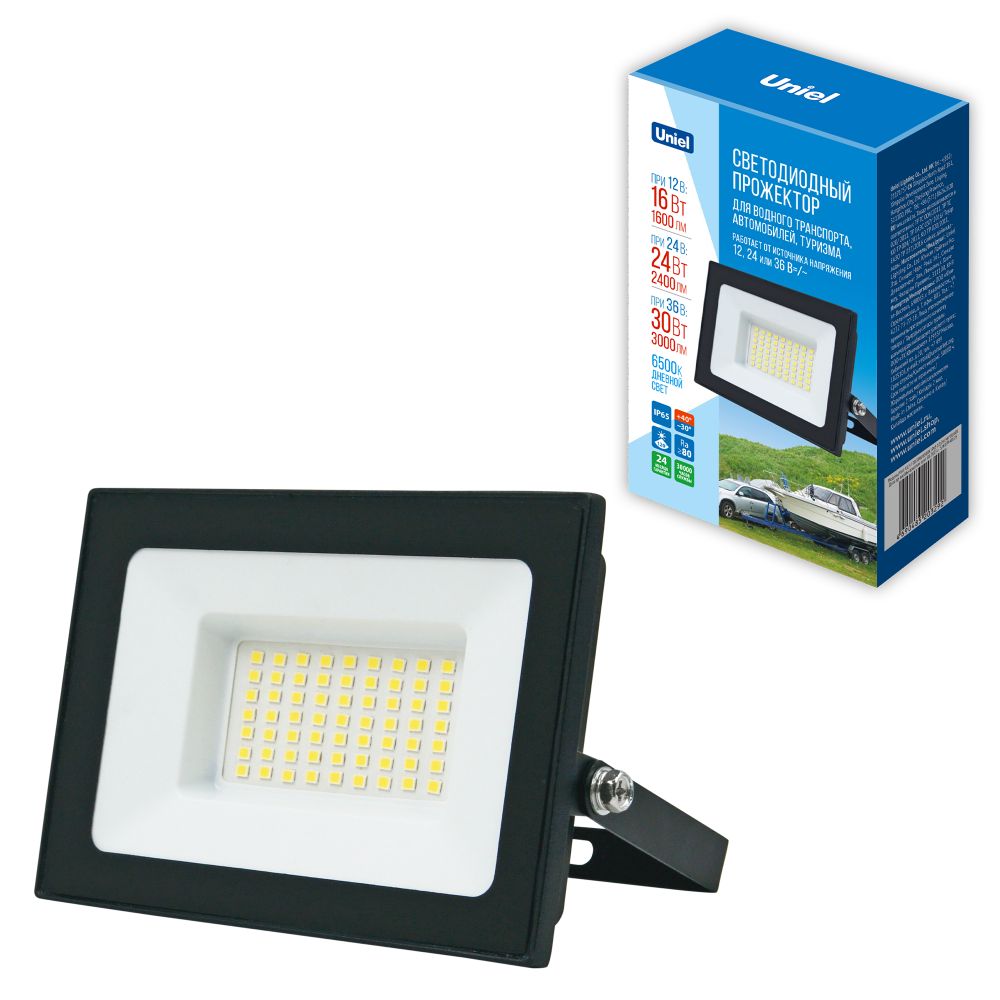 ULF-F70 30W-6500K IP65 12-24-36V BLACK Прожектор светодиодный. Дневной свет 6500K. Корпус черный. TM Uniel