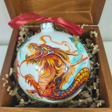 Коллекционный елочный шар с росписью Палех "Дракон" в деревянной шкатулке