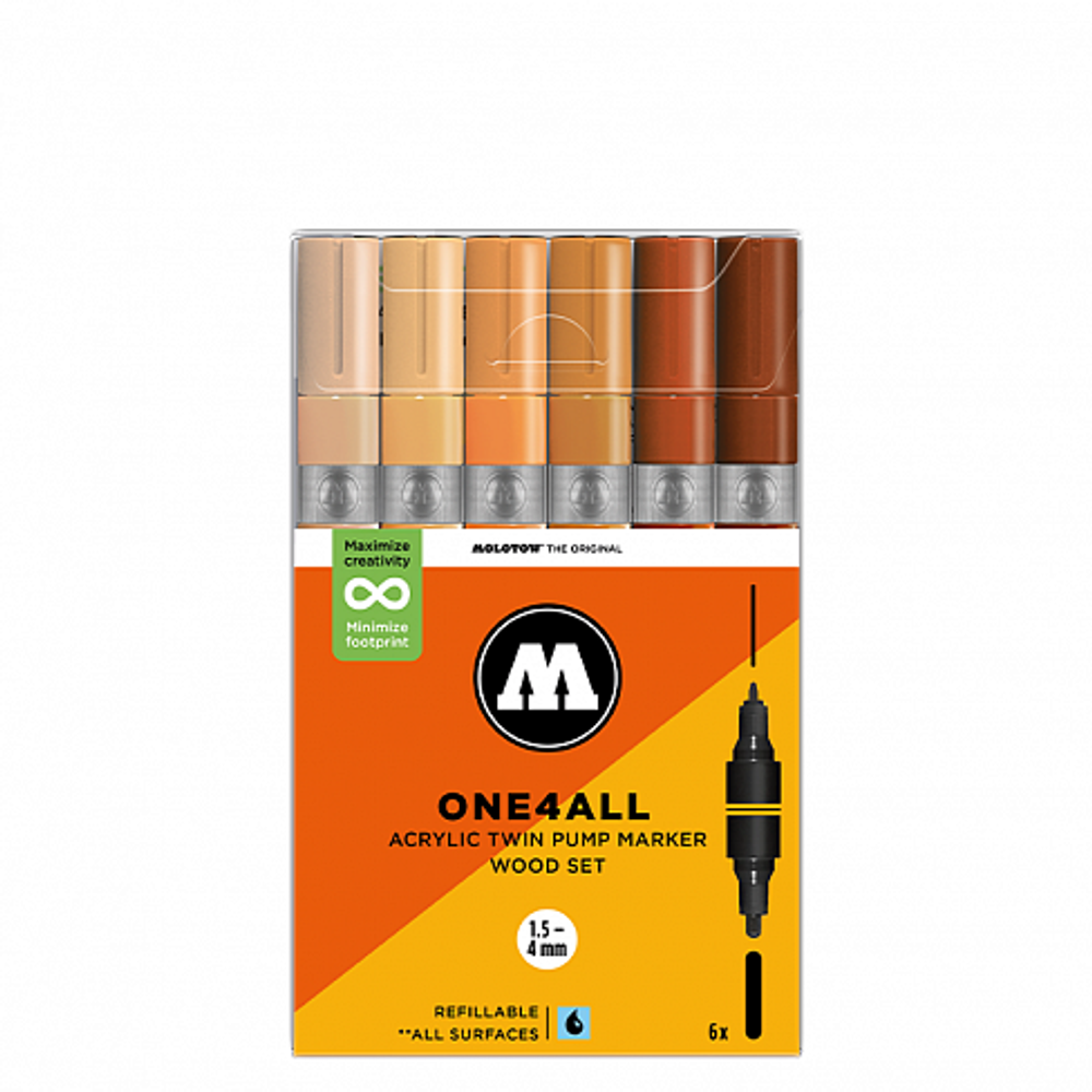 Набор маркеров Molotow ONE4ALL 227HS-CO Twin - 6шт Wood-Set (1,5/4мм)