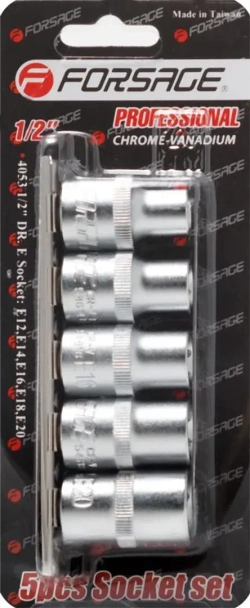 Набор головок Е-профиль 5пр. 1/2''(E12,E14,E16,E18,E20), на планке Forsage F-4053
