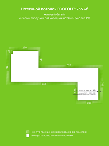 Матовый натяжной потолок 26.9 м2