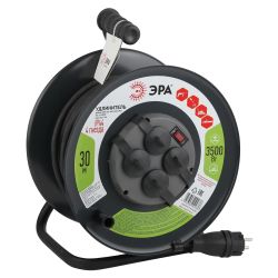 Удлинитель силовой ЭРА RMx-4es-3x2.5-30m-IP44(KG) на металлической катушке c заземлением 4 розетки 30м КГ 3х2.5мм2 | Силовые удлинители