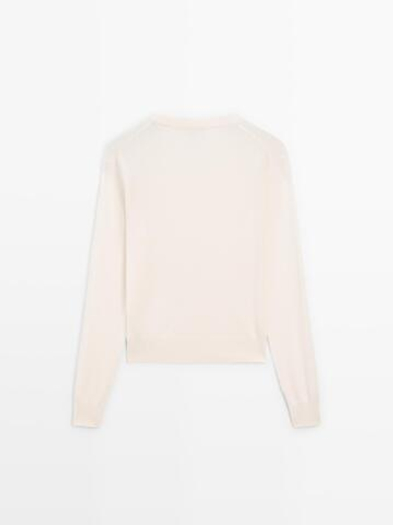 Massimo Dutti Свитер из смесовой шерсти с круглым вырезом, натуральный, кремовый
