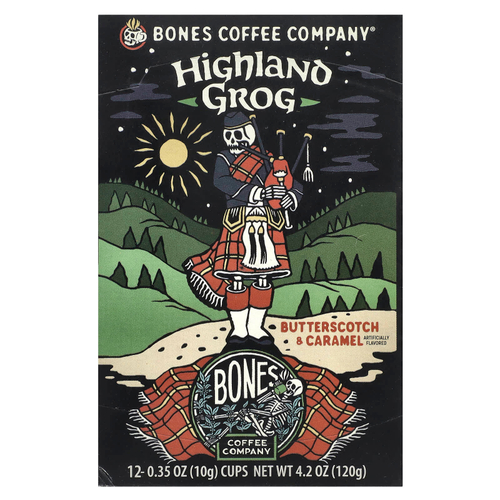Bones Coffee Company, Highland Grog, кофейные чашки, ириска и карамель, 12 чашек по 10 г (0,35 унции)
